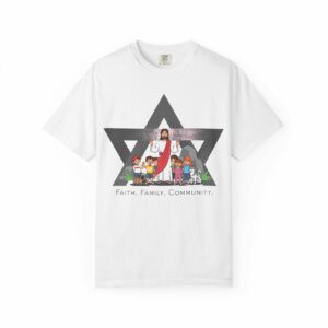 faith, family, community white t shirt – jesus & diverse kids star design