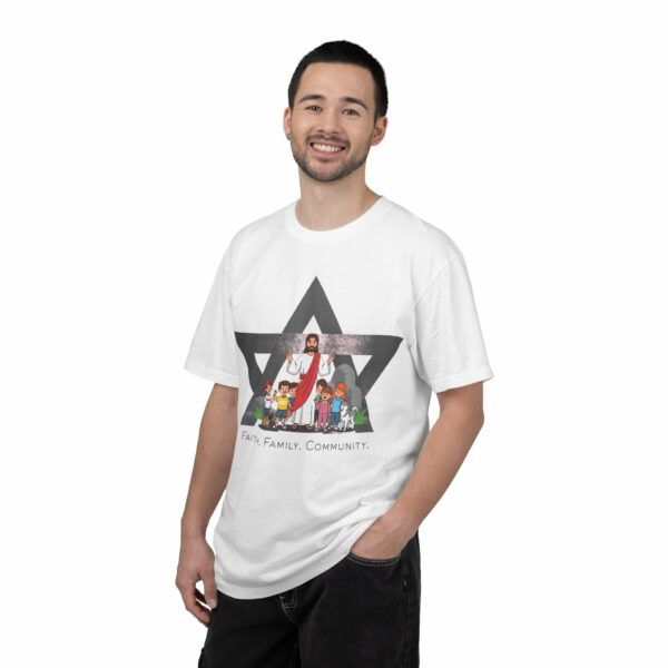 faith, family, community white t shirt – jesus & diverse kids star design faith, family, community white t shirt – jesus & diverse kids star design