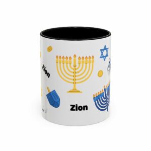 zion hanukkah accent mug – menorah, dreidel & star of david
