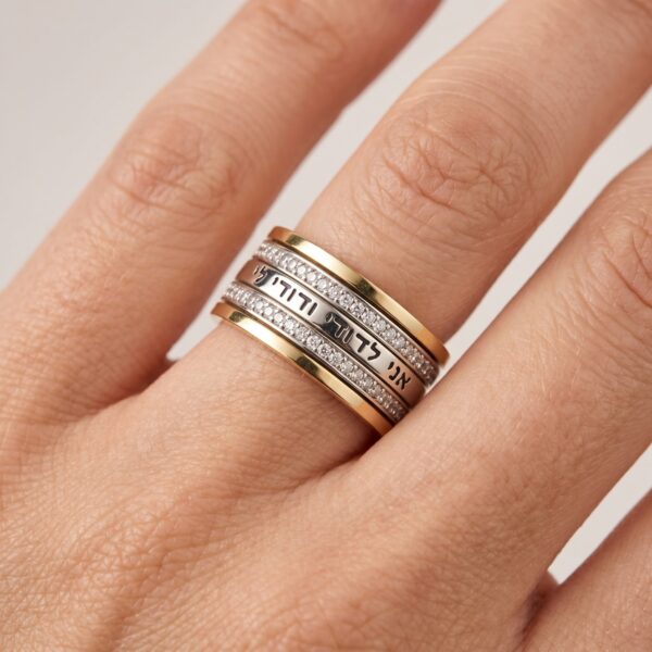 sacred covenant spinner ring — 925 sterling silver & gold plated with cubic zirconia | song of solomon hebrew engraving | yomtov shalom israel sacred covenant spinner ring — 925 sterling silver & gold plated with cubic zirconia | song of solomon hebrew engraving | yomtov shalom israel